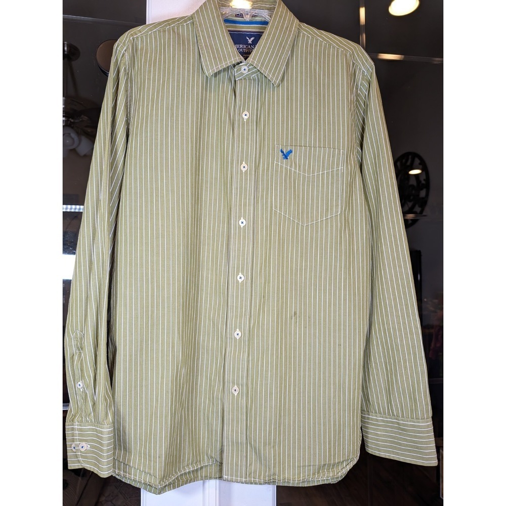 Mens American Eagle Vintage Fit Long Sleeve Button Up Shirt Green White Striped